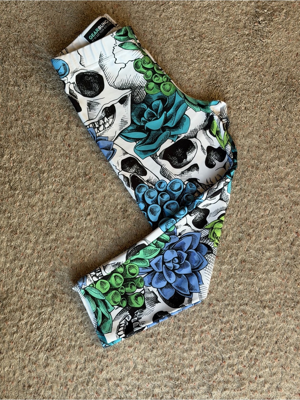 Skull & Succulent Print Leggings - Blue, Teal & Green